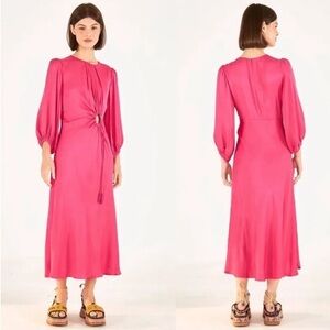 FARM Rio Pink Piping Midi Dress Solid Blouson Sleeve Front Circle Cutout Medium